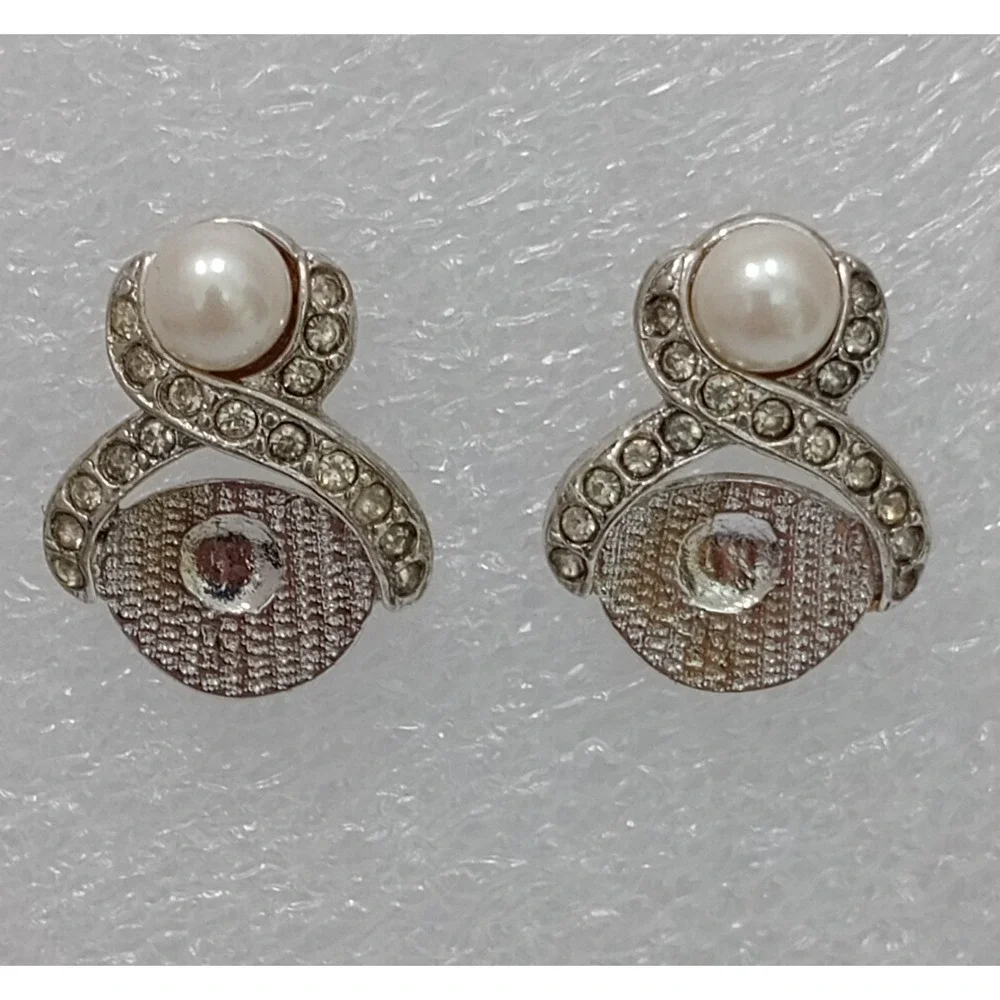 Vintage Marvella Faux Pearl Rhinestone Silver Tone Swirl Earrings